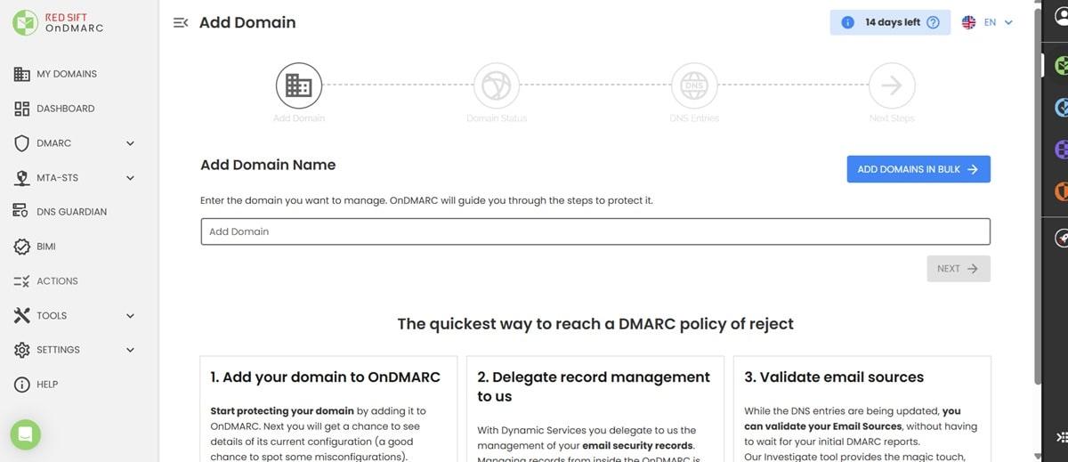 OnDMARC by Red Sift interface showing cloud-based DMARC management platform with email authentication controls, monitoring dashboard, and BIMI integration features